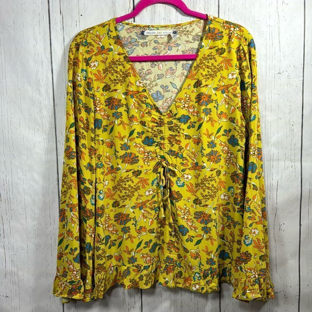 Chelsea & Violet Mustard Floral Peasant Blouse Size L Boho Cottagecore Festival